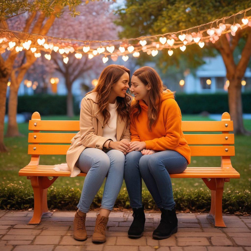 A heartwarming scene of two friends sitting together on a vibrant park bench, sharing laughter and connecting with glowing lights around them symbolizing their blossoming romance. Include subtle heart shapes in the background formed by twinkling fairy lights, enhancing the cozy atmosphere. Illustrate a soft sunset casting warm hues over the scene, suggesting transition and growth. whimsical style. warm colors. soft focus.