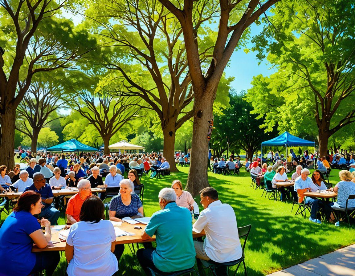 A vibrant gathering of diverse individuals engaging in lively discussions in a sunny park setting, surrounded by colorful banners and community art showcases. People of various ages and backgrounds are sharing ideas, laughing, and building connections, with a visual emphasis on community spirit and collaboration. Bright green trees and flowers enhance the atmosphere of joy and togetherness. super-realistic. vibrant colors. outdoor setting.