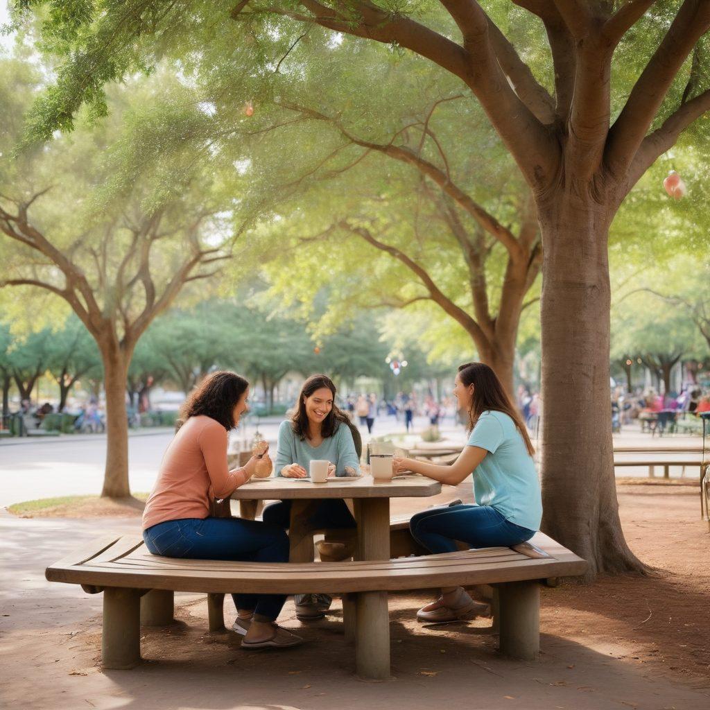 A warm, serene community scene showcasing diverse couples engaging in affectionate activities, like strolling hand in hand, sharing laughter over coffee, and participating in community events. Soft pastel colors create an inviting atmosphere, with lush greenery and subtle heart-shaped decorations throughout the park. Include symbols of love and connection, such as intertwined hands and playful interactions among friends. super-realistic. vibrant colors. warm tones.